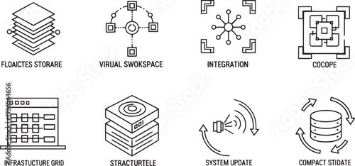 Cloud Computing and IT Infrastructure Line Icon Set with Virtual Workspace Data Storage System Update and Network Integration Symbols