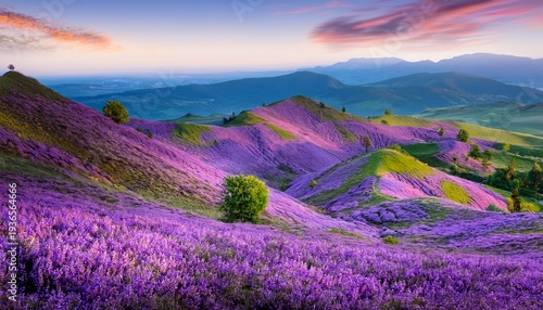 Swirling Purple Hills With Lilac Blooms Stretch Across A Painted Landscape