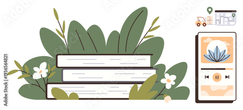 Education, digital reading, e-learning, relaxation, content streaming, delivery services. Stack of books with plants and a smartphone showing a map and audio player. Education and digital reading