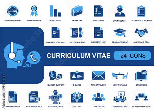Curriculum vitae icon set. Containing resume profile, contract signature, diploma, graduation cap, briefcase, bar chart, checklist, ID badge, interview and more. Solid fill icons collection.