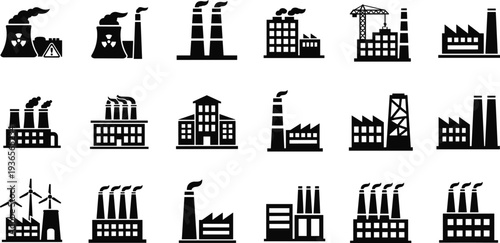 Collection of Industrial Factory Icons with Smokestacks and Wind Turbines industry building