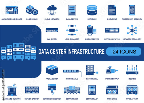 Data center infrastructure icon set. Containing server rack, data center, database, router, network switch, load balancer, patch panel, UPS battery, cloud network and more. Solid fill icons collection