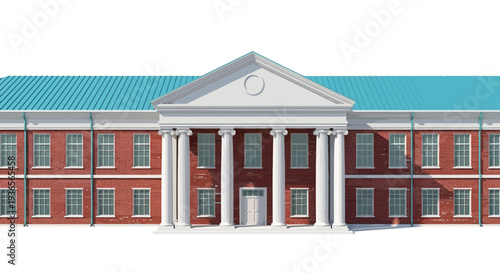 Classic brick building with grand columns and a turquoise roof, symbolizing education or government.