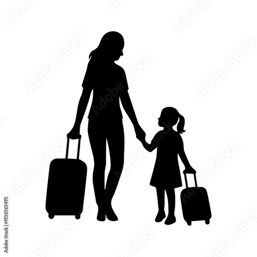 Mother and daughter traveling together with luggage