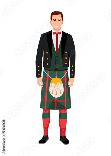 Traditional Scottish dress in studio, Portrait of man in authentic Scottish dress for celebration