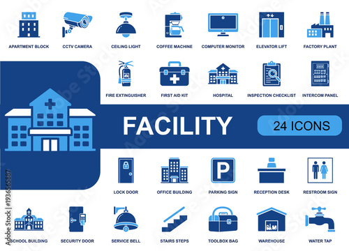 Facility icon set. Containing apartment building, CCTV camera, elevator, office, warehouse, parking sign, security door, intercom, first aid, fire extinguisher and more. Solid vector icons.