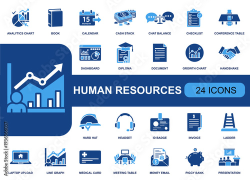 Human resources icon set. Containing recruitment, onboarding, training, payroll, HR analytics, interviews, ID badge, benefits, meetings, documents, and more. Solid vector icons collection.