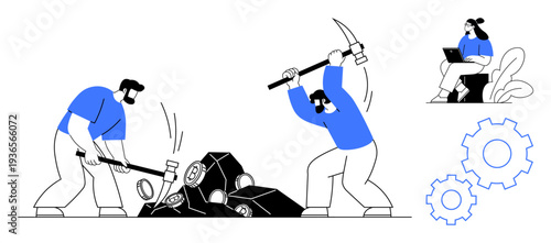 Cryptocurrency mining. Miners using tools to extract digital currency while a woman analyzes data. Cryptocurrency mining process, blockchain, data analysis, teamwork, and digital finance