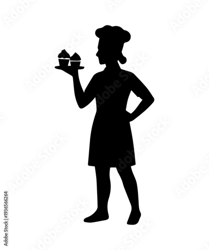 Female baker chef silhouette holding baked cupcakes