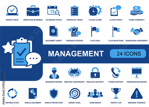Management icon set. Containing checklist, calendar, goal, milestone, team, meeting, manager, security, approval, feedback, sync, currency, support and more. Solid fill icon collection.