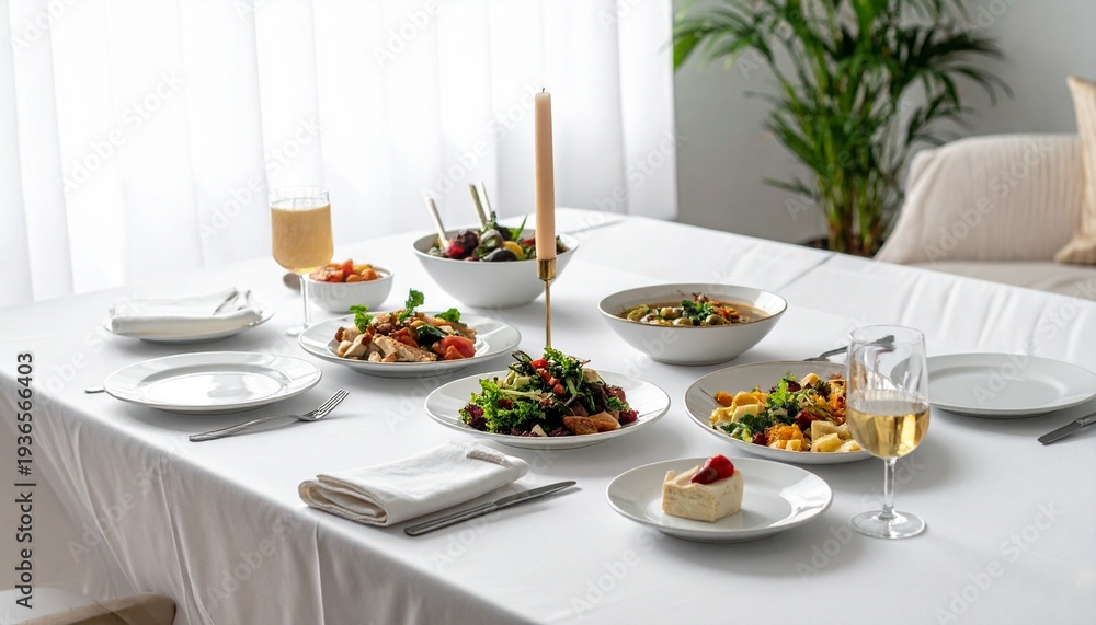 Fototapeta premium Elegant Table Setting with Various Dishes and Drinks for Fine Dining or Special Occasions.