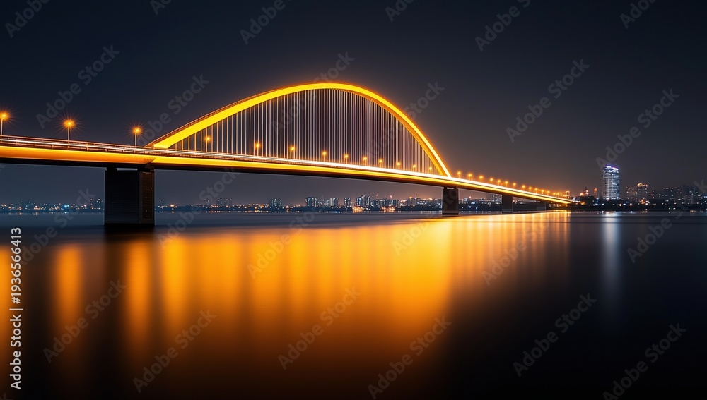 Naklejka premium Golden arch bridge illuminating calm water, reflecting vibrant city lights under a dark night sky, symbolizing modern urban connectivity and dynamic infrastructure