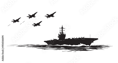 Aircraft Carrier with Fighter Jets – Military Navy Vector Silhouette