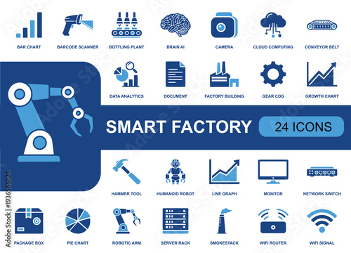 Smart factory icon set. Containing robotic arm, conveyor belt, barcode scanner, AI brain, cloud computing, analytics, server rack, WiFi, packaging and more. Solid fill icons collection.