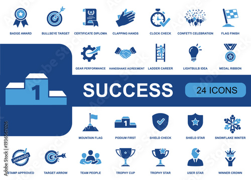Success icon set. Containing trophy, medal, award, goal target, crown, certificate, approval stamp, handshake, podium, celebration, teamwork and more. Solid fill vector icons collection.