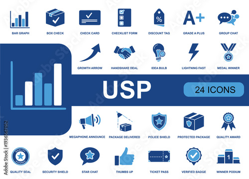 USP icon set. Containing value proposition, quality seal, verified badge, discount tag, fast delivery, shield, award, rating, chat, analytics and more. Solid fill vector icons collection.
