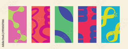 A vibrant collection of abstract poster designs featuring bold colors and organic shapes. Each poster showcases a unique combination of hues and patterns, perfect for modern graphic design