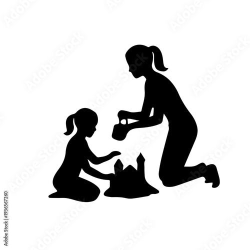 Mother and daughter building sandcastle together family bonding