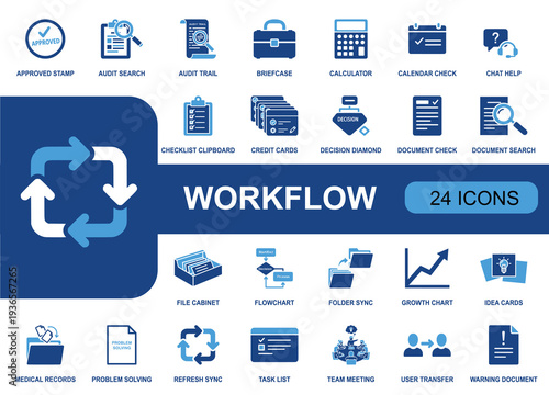 Workflow icon set. Containing approval, audit, checklist, calendar, briefcase, document search, flowchart, folder sync, task list, team meeting and more. Solid fill vector icons collection.