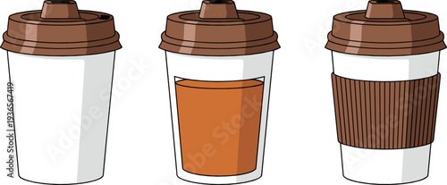 Disposable coffee cup set flat vector illustration with takeaway paper cups plastic lid sleeve and hot beverage