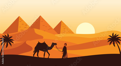 Amazing vector illustration of a desert caravan with pyramids and palm trees at sunset