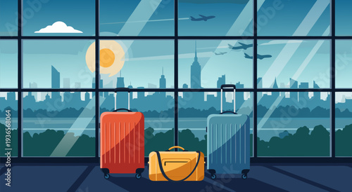 Vector illustration of airport terminal with luggage and cityscape in background, travel concept