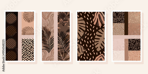 Abstract botanical prints in warm neutral tones arranged as a gallery wall