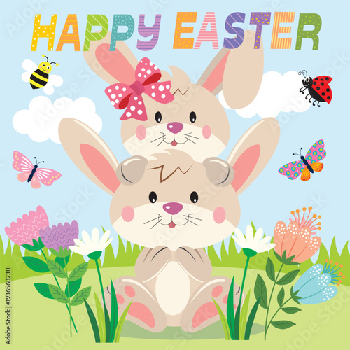 Happy Easter Illustration with Cute Bunnies and Spring Flowers