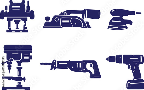 Vector art of collection of various power tools in blue silhouette