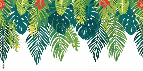 Tropical leaves and vibrant red flowers create a lush botanical border