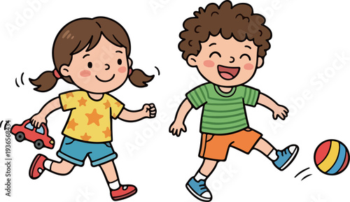 Two kids playing together happy children cartoon illustration