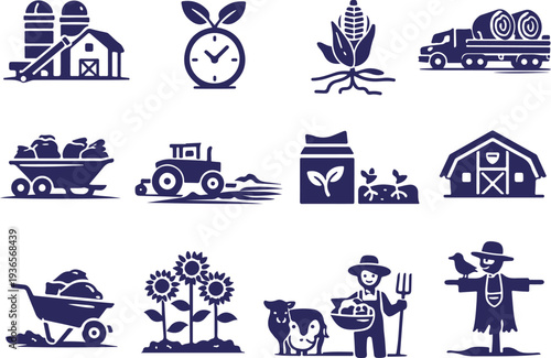 Vector art of collection of farm related icons and symbols in blue color