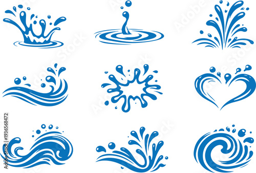 Vector art of collection of blue water splash icons and wave symbols in various shapes