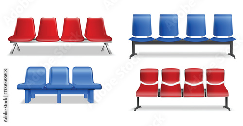 Set of public waiting area bench seats in blue and red colors, isolated on white background. Modern connected plastic chairs with metal frame commonly found in airports, hospitals, stations, terminals