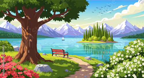 Serene lakeside landscape with a charming island and a lone sailboat in the distance, beautiful vector illustration