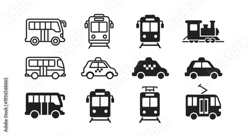 Various transportation vehicles depicted in a minimalist black silhouette