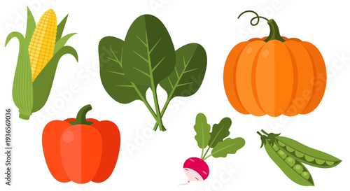Assorted Vegetables Including Pumpkin, Pepper, and Peas in a Flat Lay Arrangement