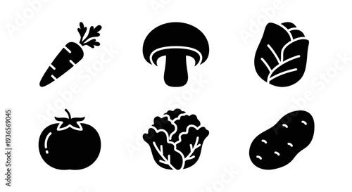 Assorted Vegetables and Fungi Silhouettes on a Clean White Background