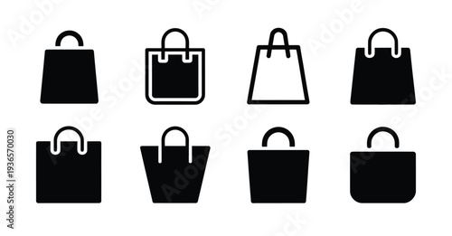 Shopping bags, vector illustrations for retail, promotions, sales, and consumer purchases, featuring various bag styles and designs isolated on white background