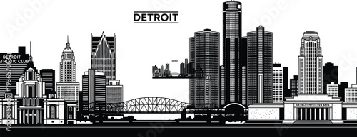 Detroit Cityscape Skyline Silhouette Black and White Illustration vector