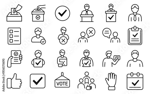 election and voting icons, representing civic participation including ballot box, check mark, voter card, polling booth, and hand casting vote isolated on white background