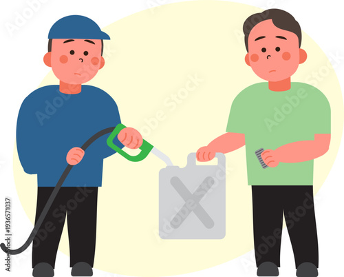 Cartoon characters of people in situations Gas shortage. 