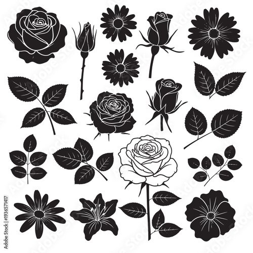 Seamless vintage floral pattern set with pink roses black and white roses and black roses with leaves decorative vector illustration