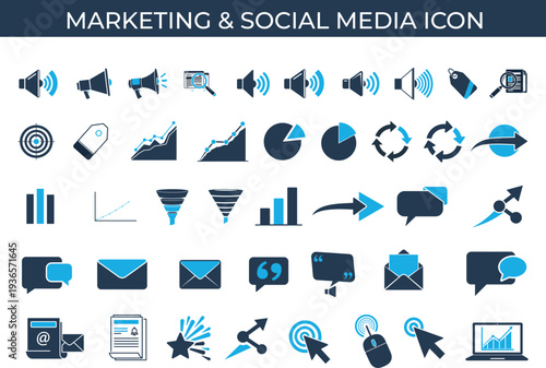 Illustration of marketing and social media icons in blue and navy blue on white background for digital use