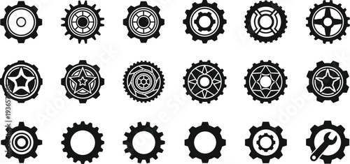 Diverse Collection of Gear and Cogwheel Icons with Mechanical and Decorative Designs Keywords: gear, cogwheel, cogs, mechanical