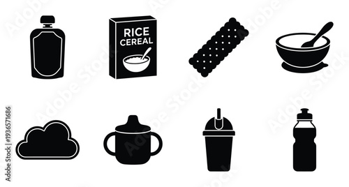 Toddler food and feeding icon set vector illustration for nutrition in solid style and safety