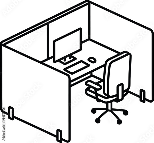office cubicle vector icon, black line art of workstation with desk computer and chair for corporate workspace