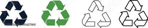Illustration of four different recycling symbols in various colors and styles isolated on white background