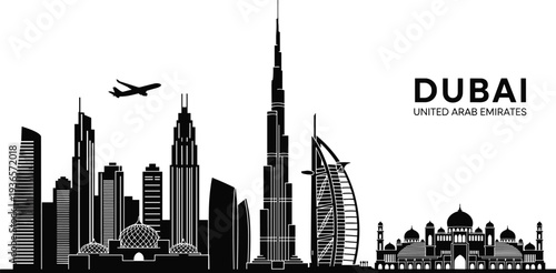 Dubai Skyline Silhouette with Airplane and Famous Landmarks United Arab Emirates cityscape