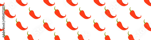 Seamless horizontal pattern with red hot chili peppers on a white background. Vector illustration of spicy food for kitchen textiles, decor, Mexican food packaging, cute stationery, fabrics, wrapping 